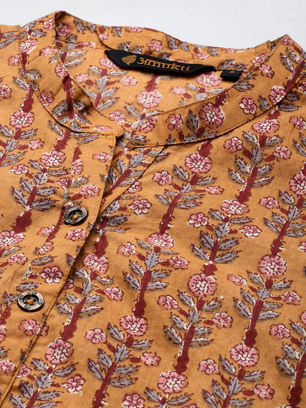 Yellow Mandarin Collar Printed Ethnic Tunic