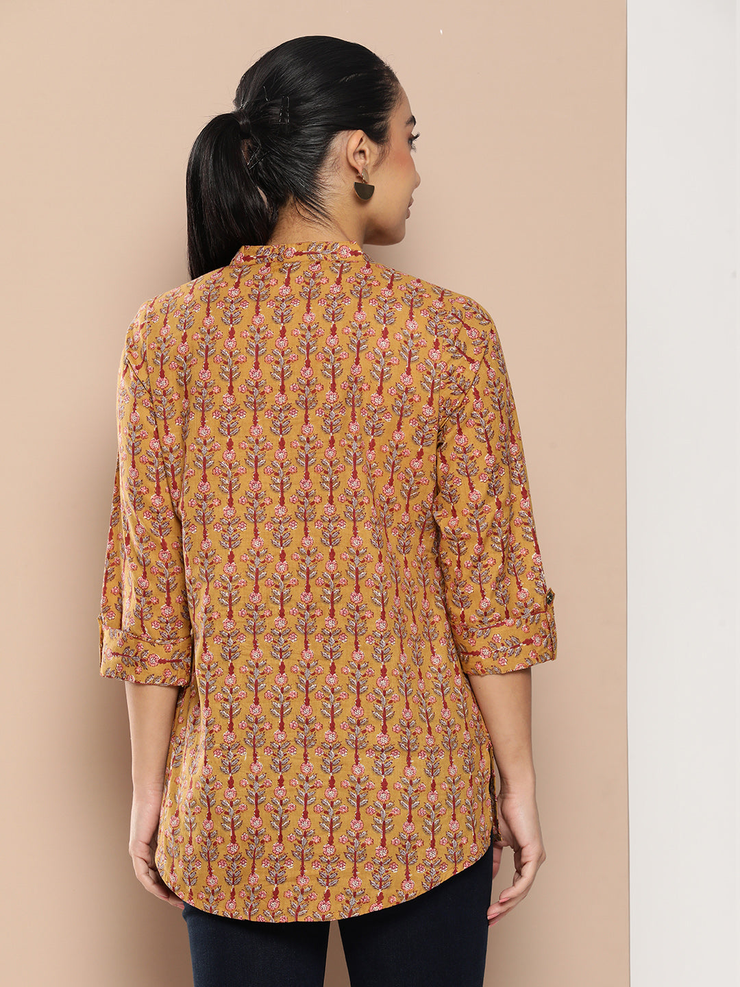 Yellow Mandarin Collar Printed Ethnic Tunic