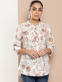 White Mandarin Collar Floral Print Ethnic Tunic