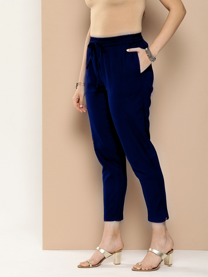 Blue Solid Pleated Cigarette Trousers