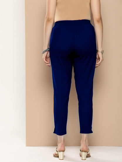 Blue Solid Pleated Cigarette Trousers