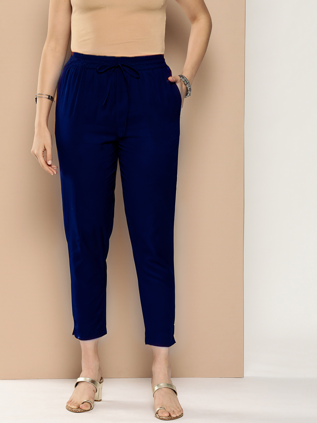 Blue Solid Pleated Cigarette Trousers