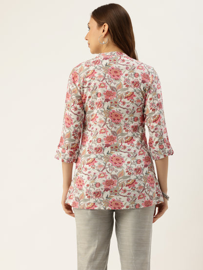 White & Pink Floral Printed Mandarin Collar Tunic