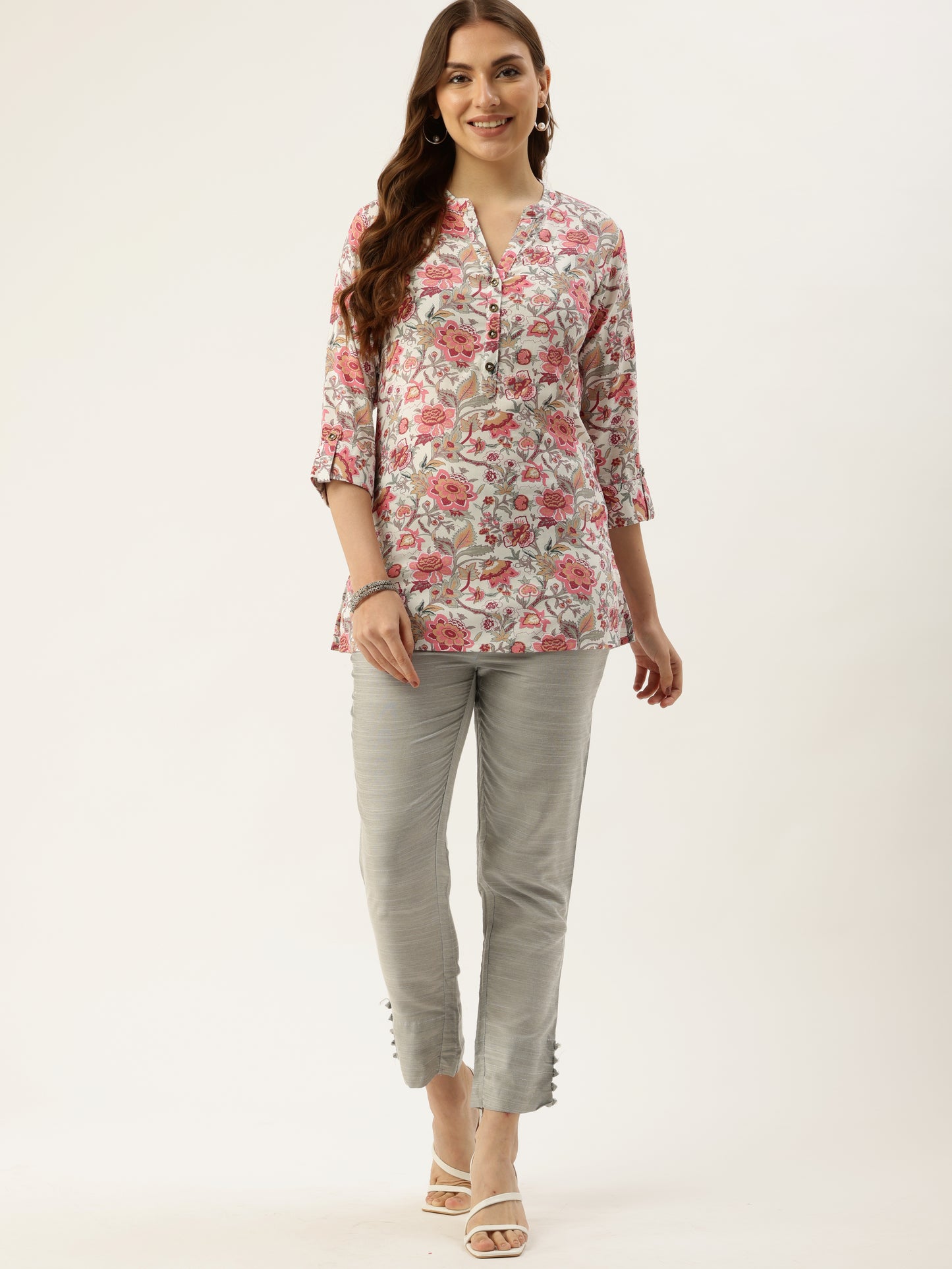 White & Pink Floral Printed Mandarin Collar Tunic