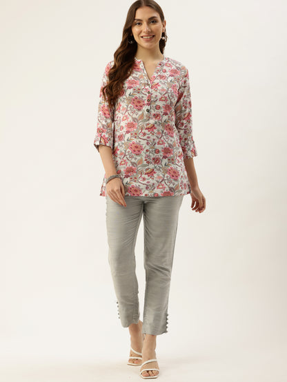 White & Pink Floral Printed Mandarin Collar Tunic