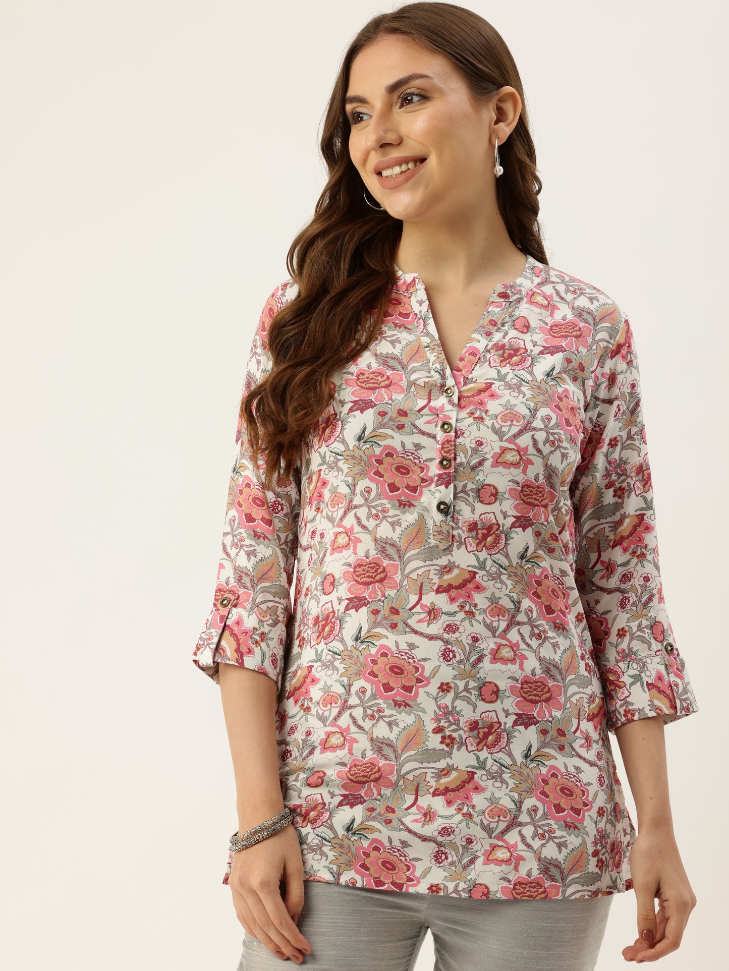 White & Pink Floral Printed Mandarin Collar Tunic