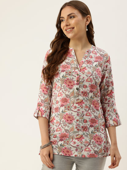 White & Pink Floral Printed Mandarin Collar Tunic