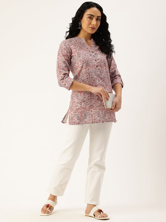 Pink Mandarin Collar Printed Ethnic Tunic