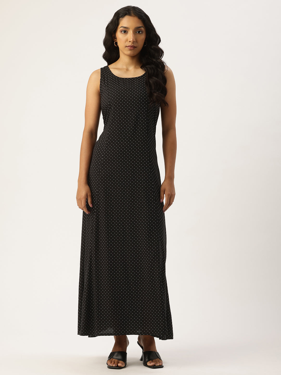 Black Polka Dot Print A-Line Maxi Dress