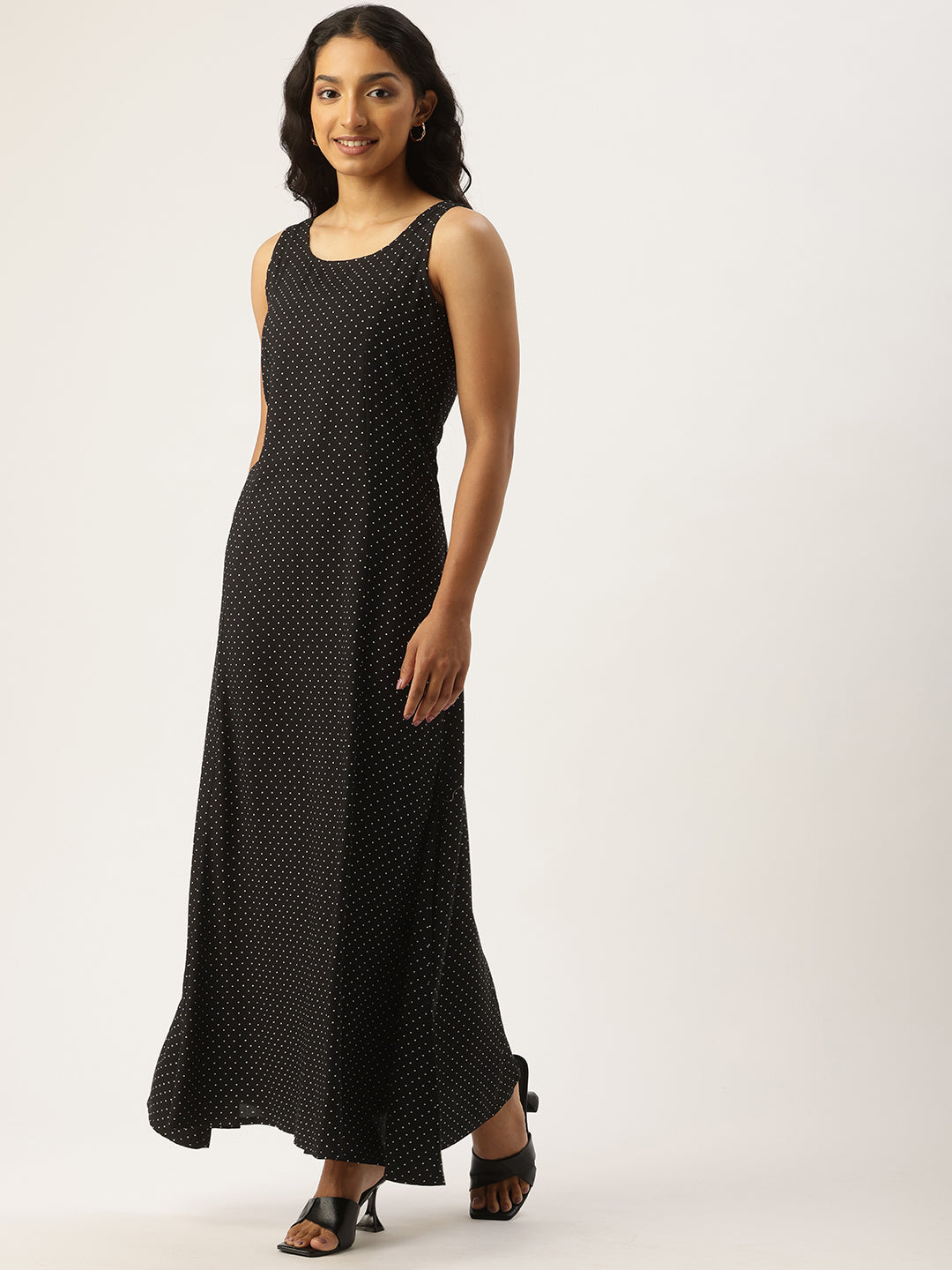 Black Polka Dot Print A-Line Maxi Dress