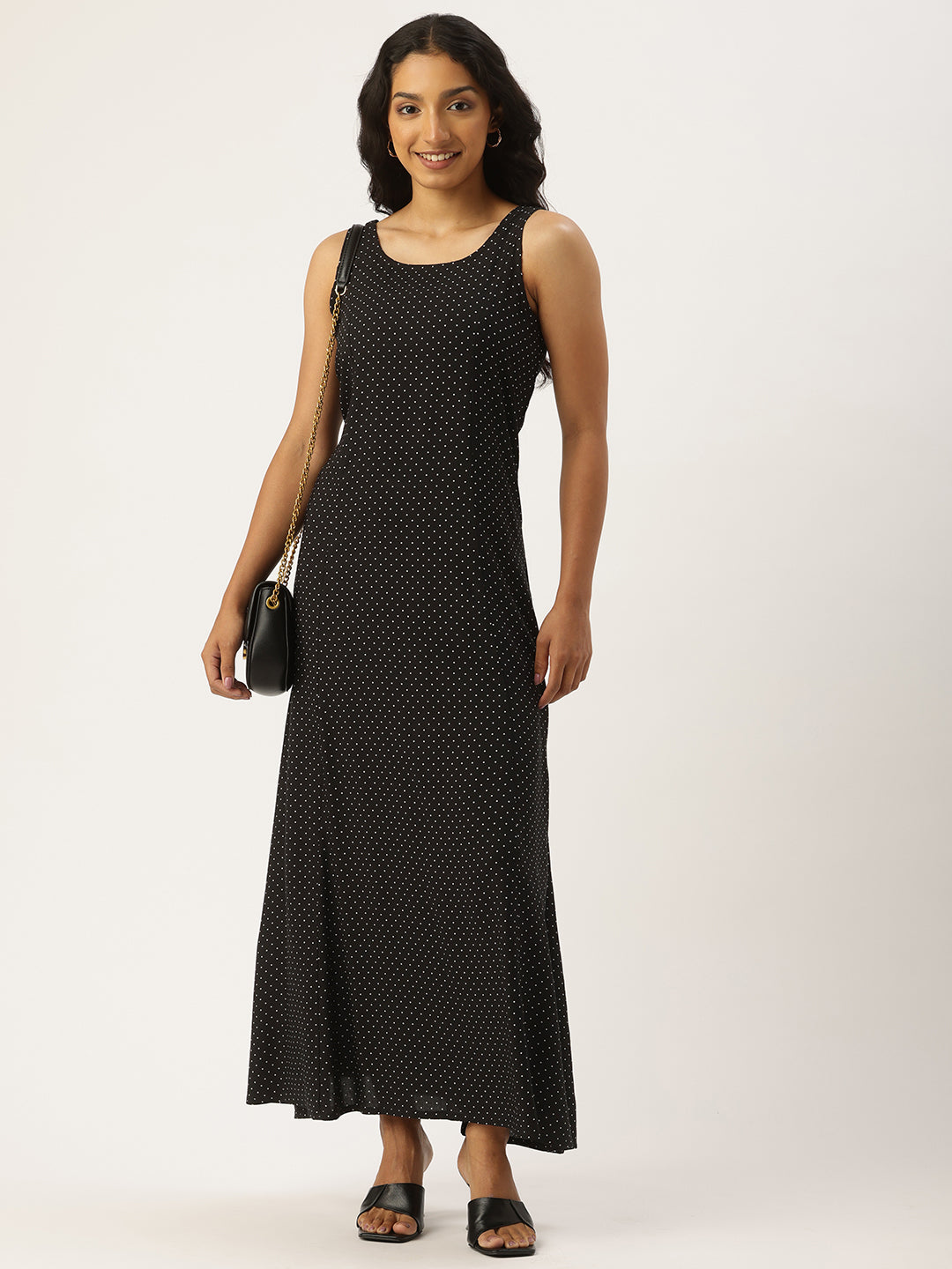 Black Polka Dot Print A-Line Maxi Dress