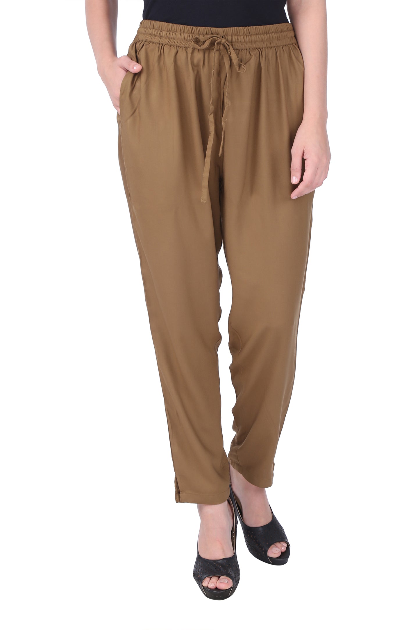 Beige Rayon Solid Pencil Pant