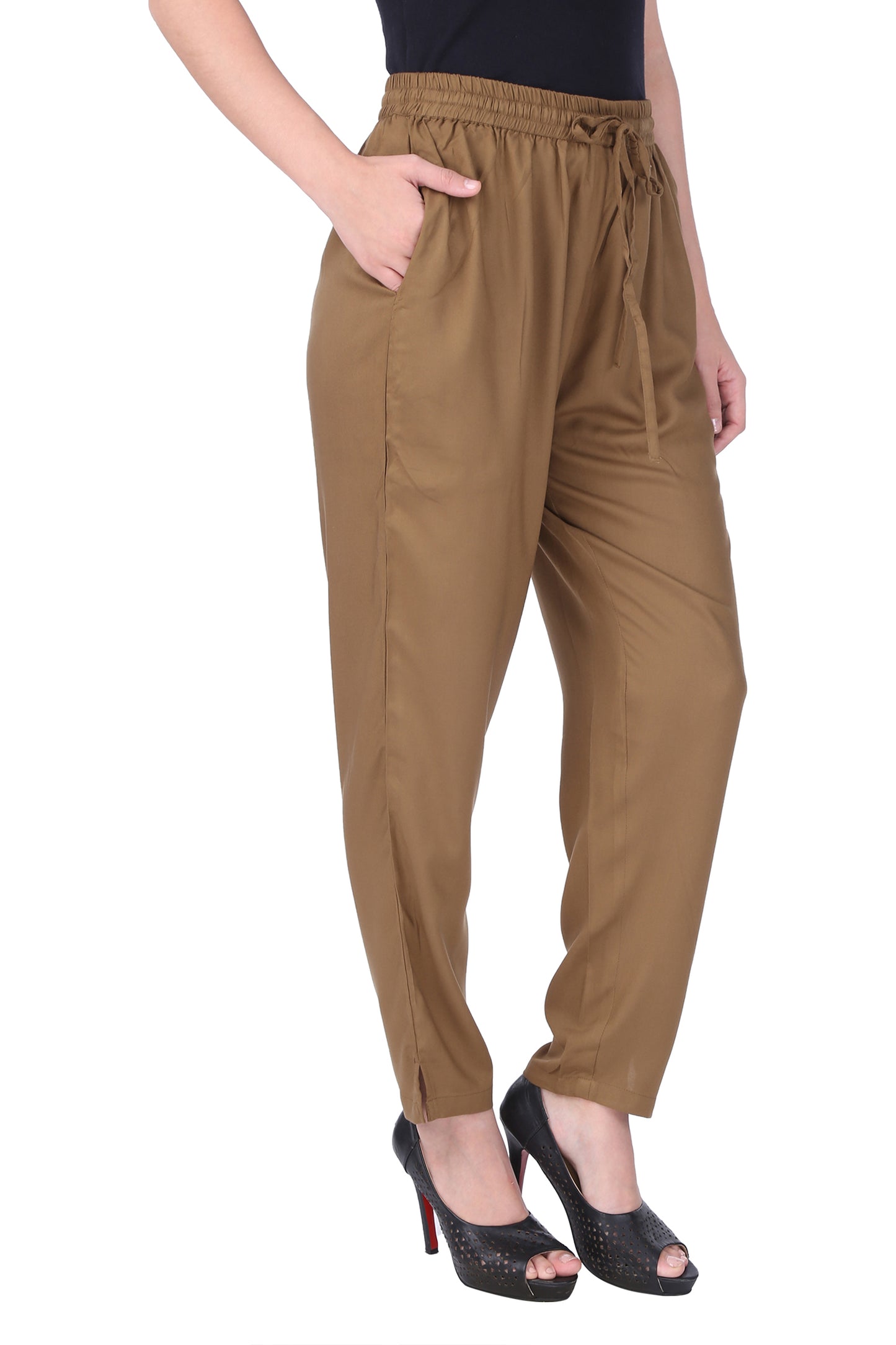 Beige Rayon Solid Pencil Pant
