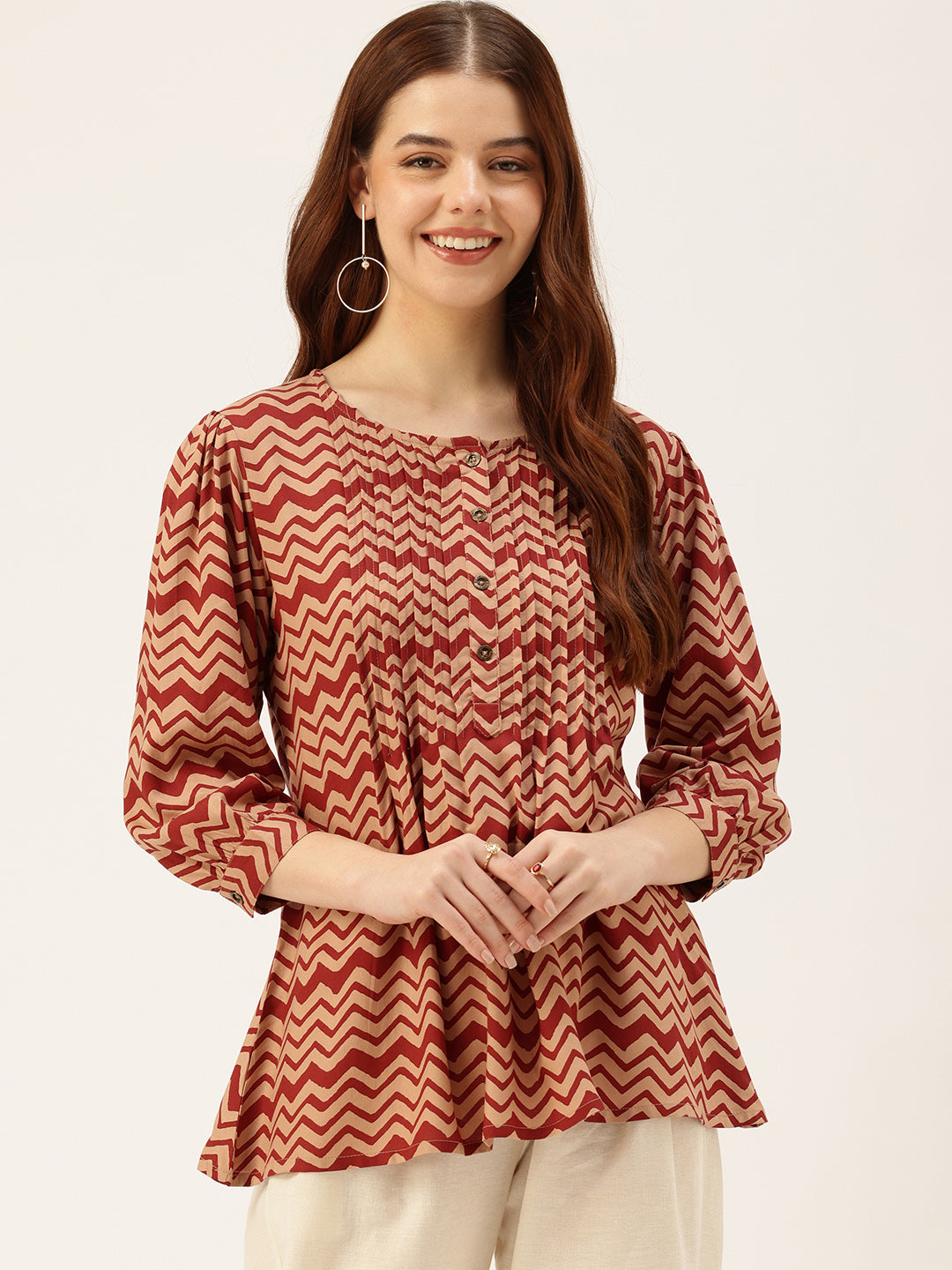 Red Zig Zag Print Pleated Tunic