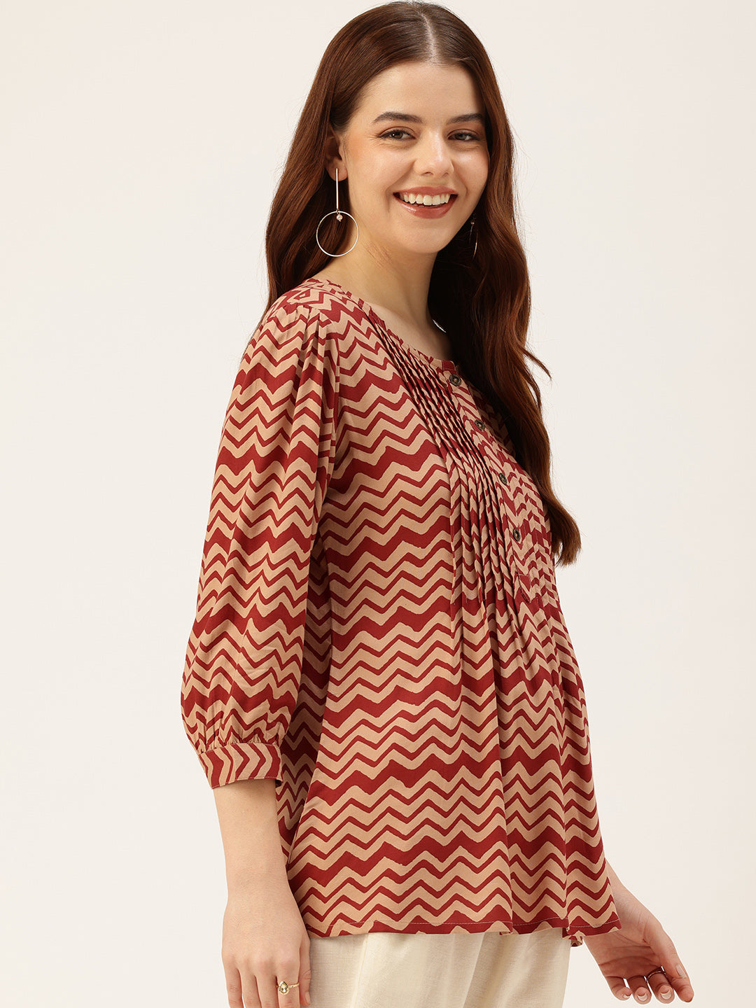 Red Zig Zag Print Pleated Tunic