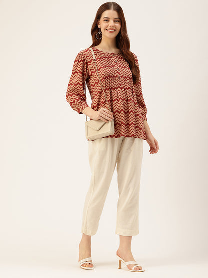 Red Zig Zag Print Pleated Tunic