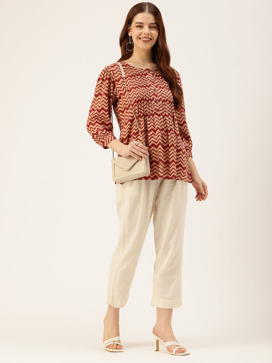 Red Zig Zag Print Pleated Tunic