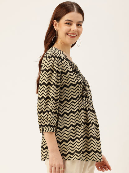 Black Zig-Zag Print Pleated Tunic
