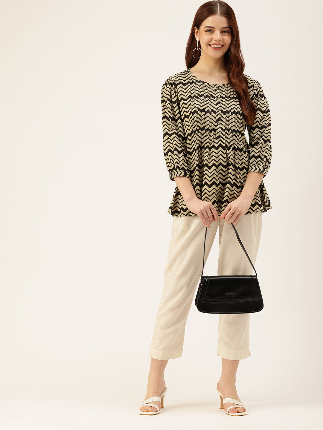 Black Zig-Zag Print Pleated Tunic