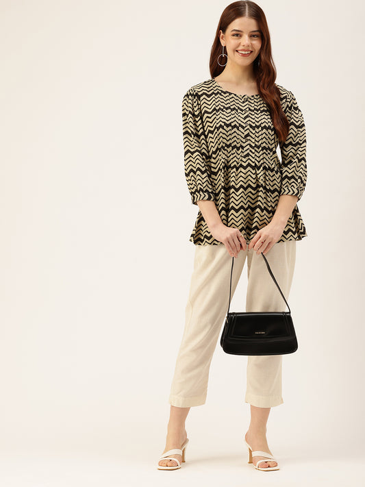 Black Zig-Zag Print Pleated Tunic