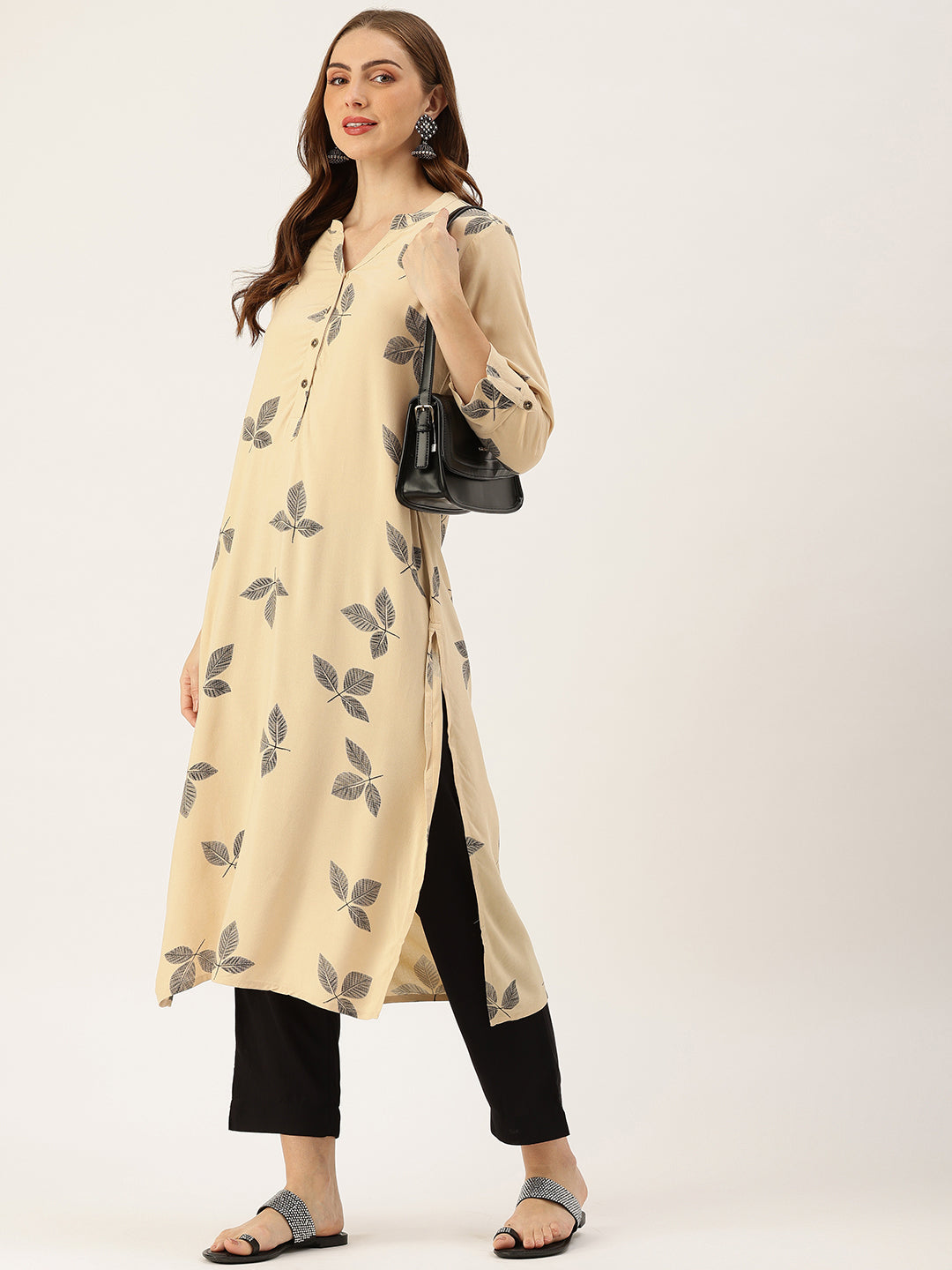 Beige & Black Leaf Printed Straight Kurta