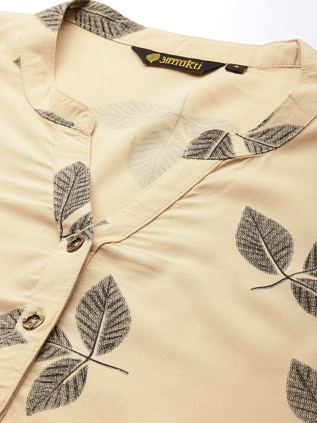 Beige & Black Leaf Printed Straight Kurta