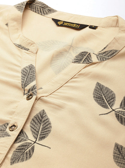 Beige & Black Leaf Printed Straight Kurta