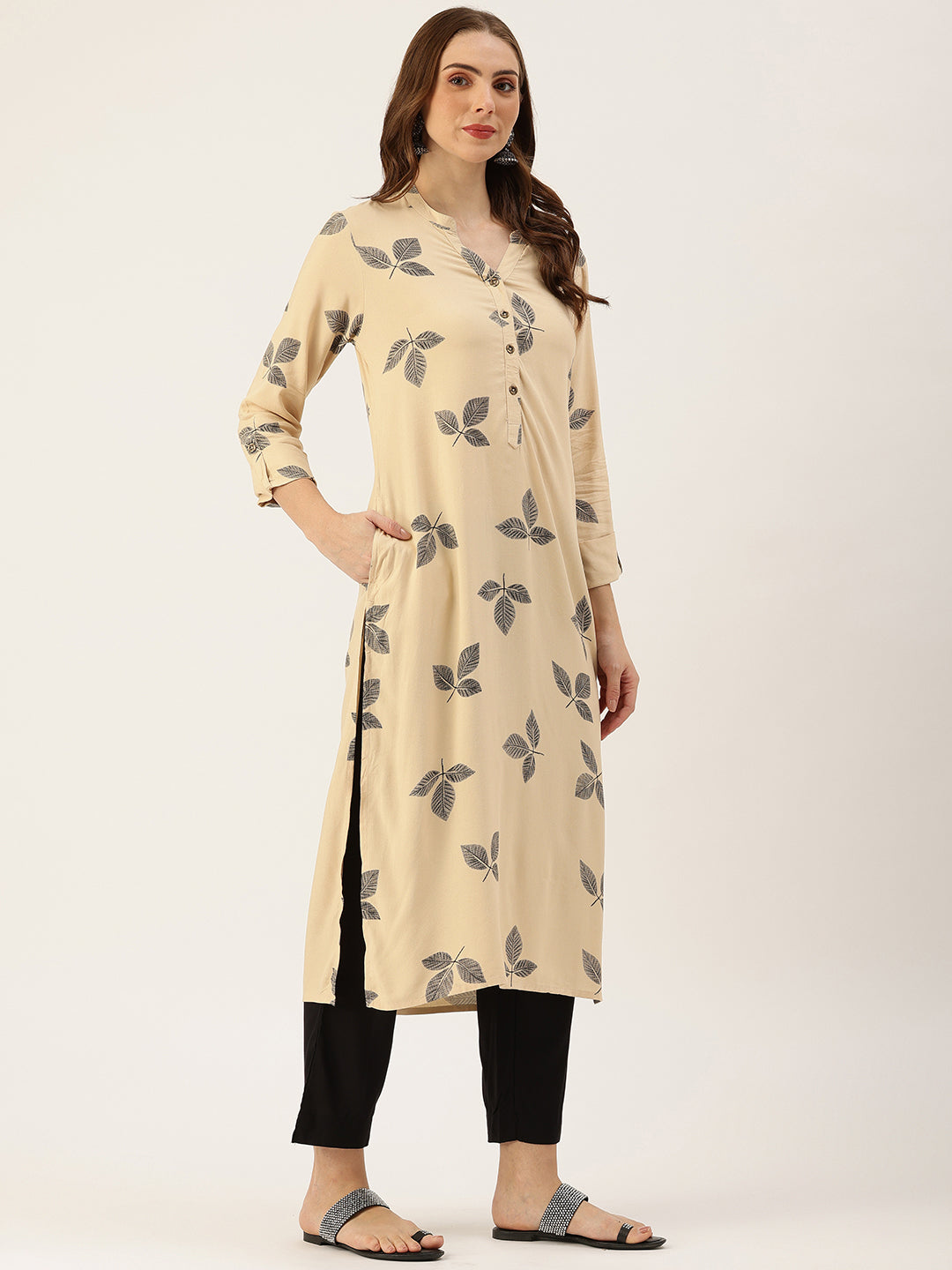 Beige & Black Leaf Printed Straight Kurta