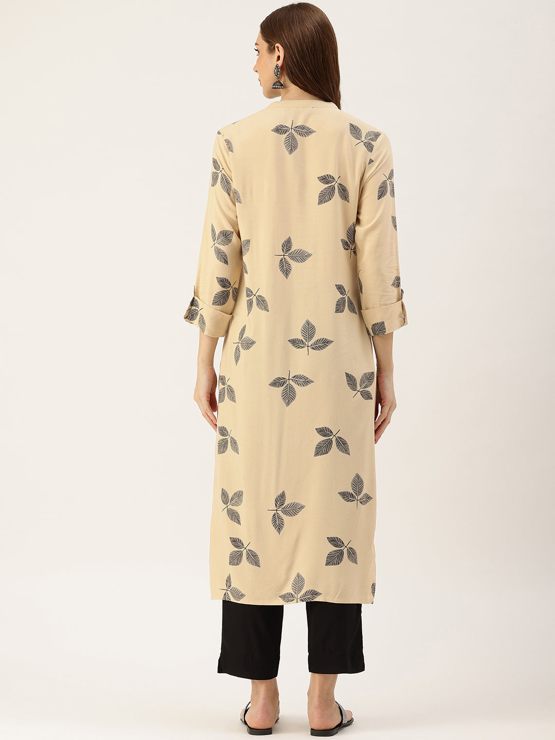 Beige & Black Leaf Printed Straight Kurta