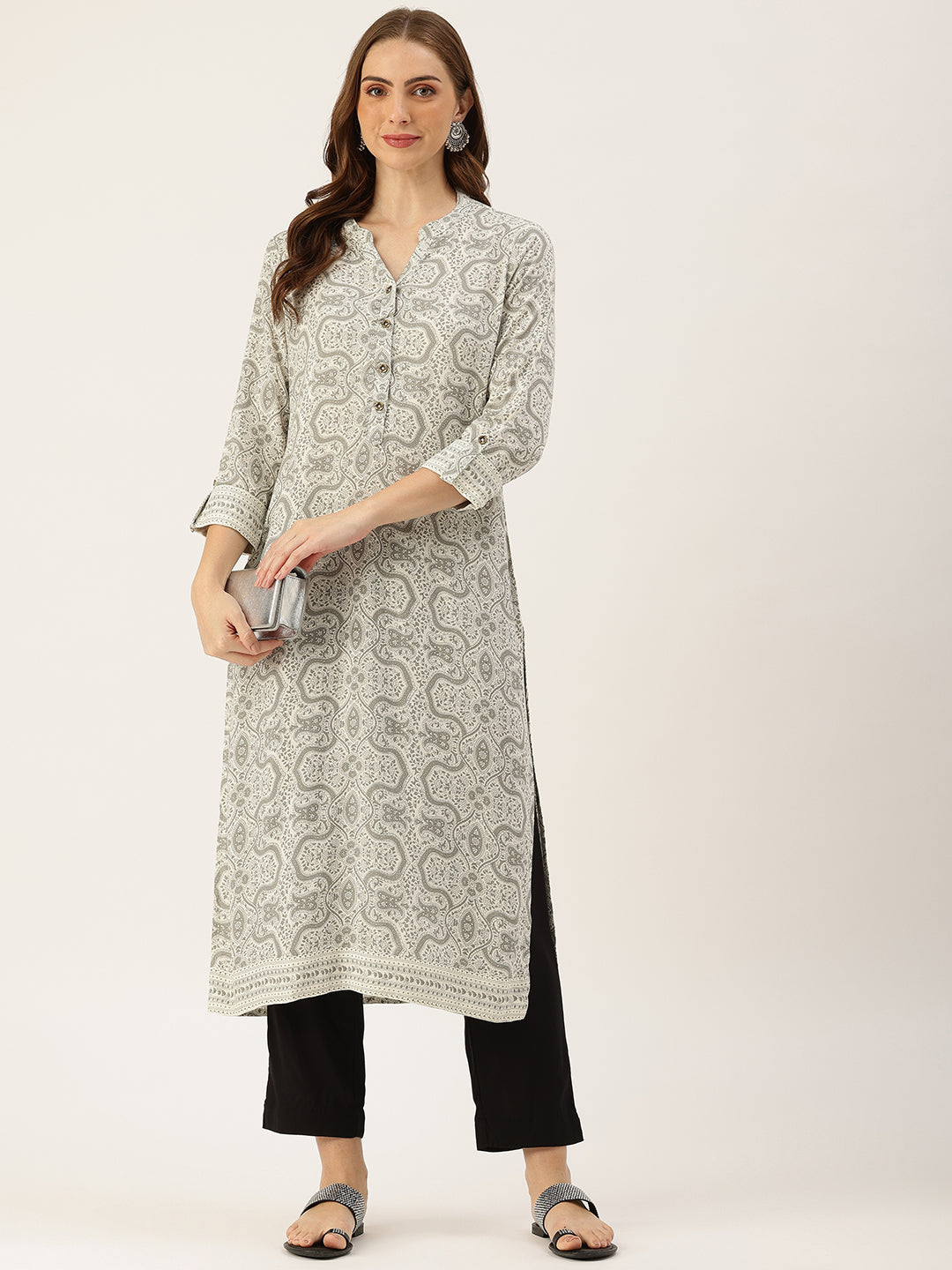 Grey & White Printed Straight Kurta