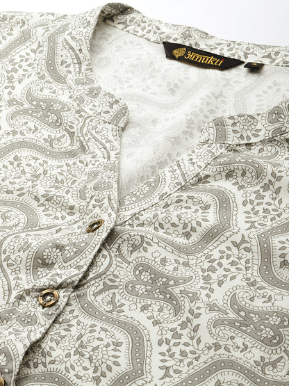 Grey & White Printed Straight Kurta