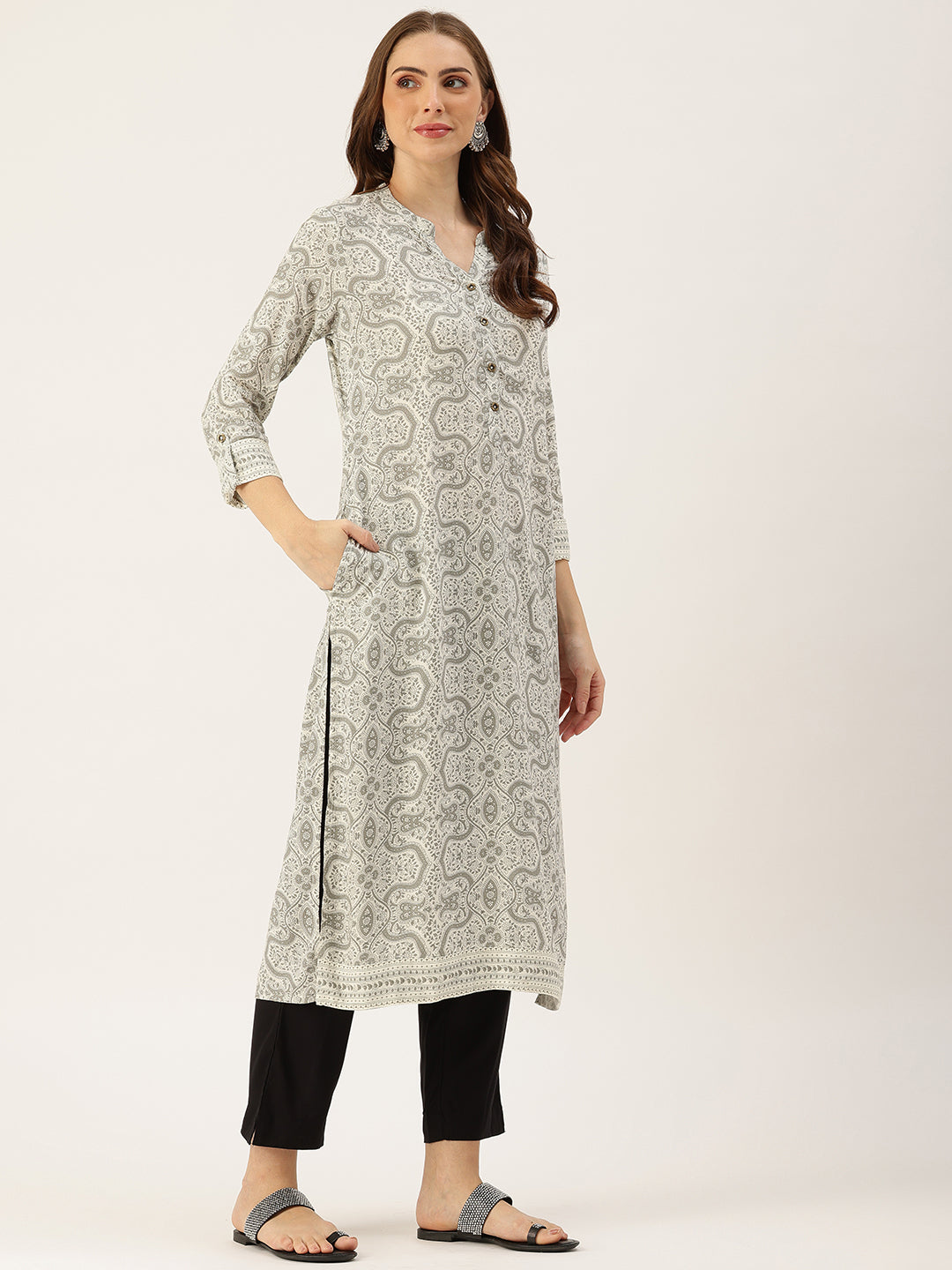 Grey & White Printed Straight Kurta