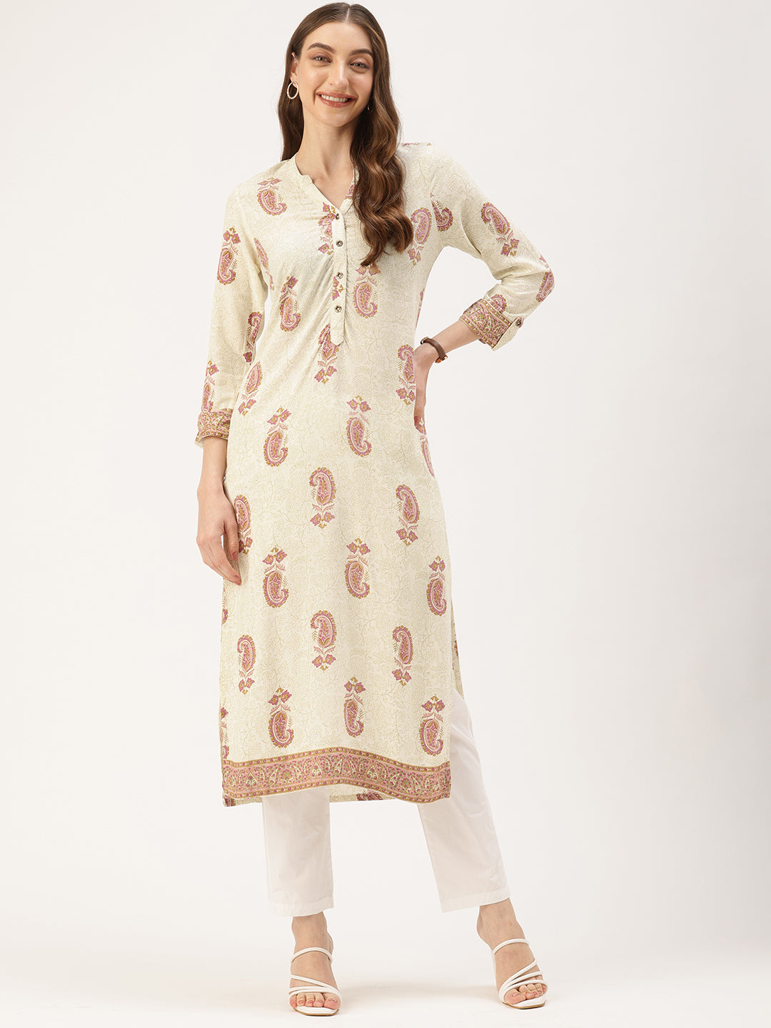 White & Pink Ethnic Motifs Printed Kurta