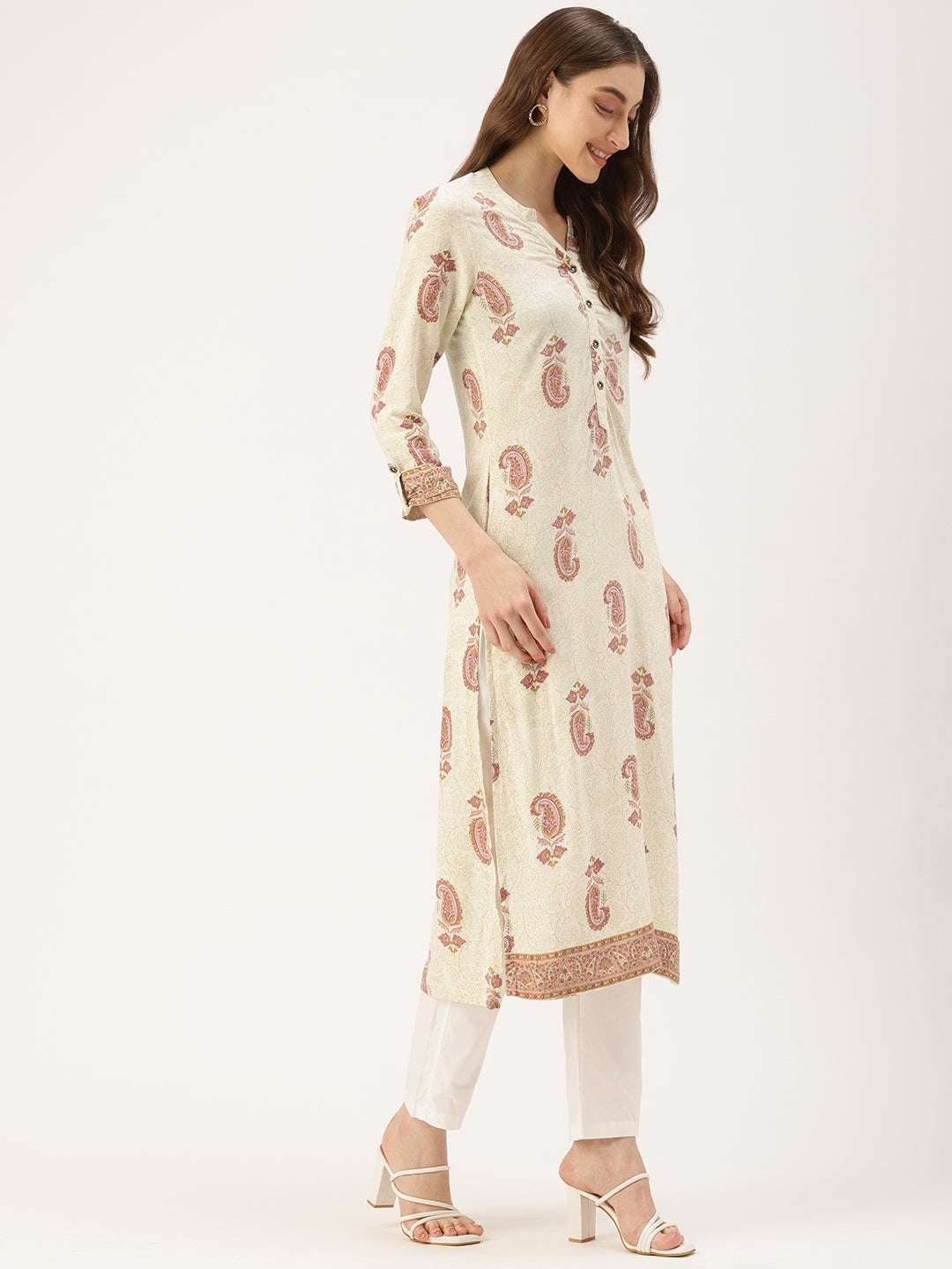White & Pink Ethnic Motifs Printed Kurta