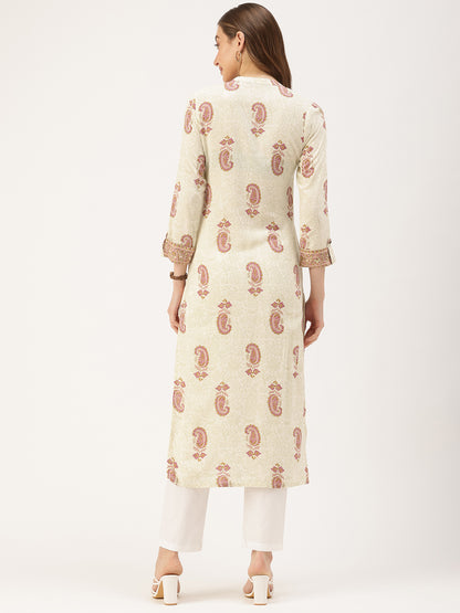 White & Pink Ethnic Motifs Printed Kurta