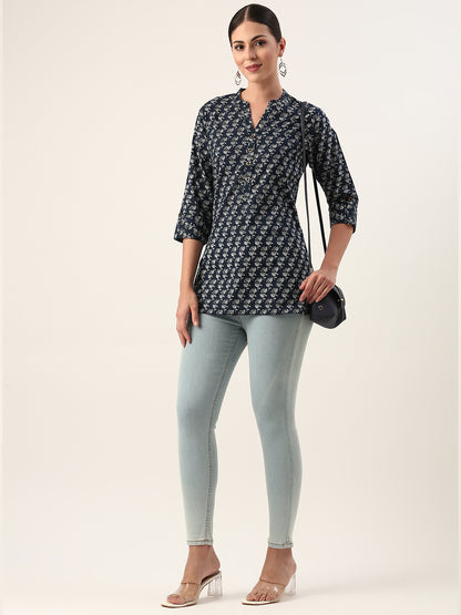 Blue Mandarin Collar Ethnic Motifs Cotton Tunic