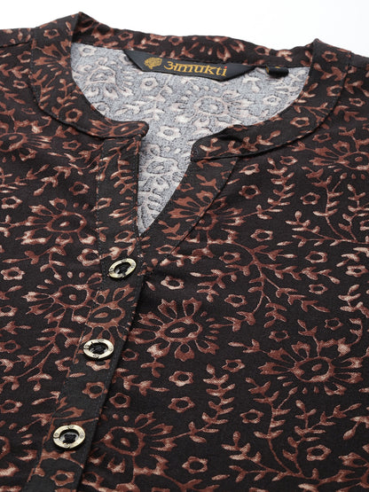 Black Viscose Rayon Floral Printed Tunic
