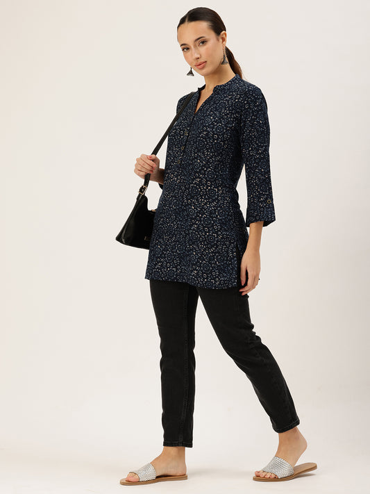 Blue Viscose Rayon Floral Printed Tunic