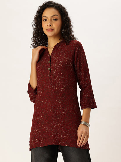 Red Mandarin Collar Printed Tunic