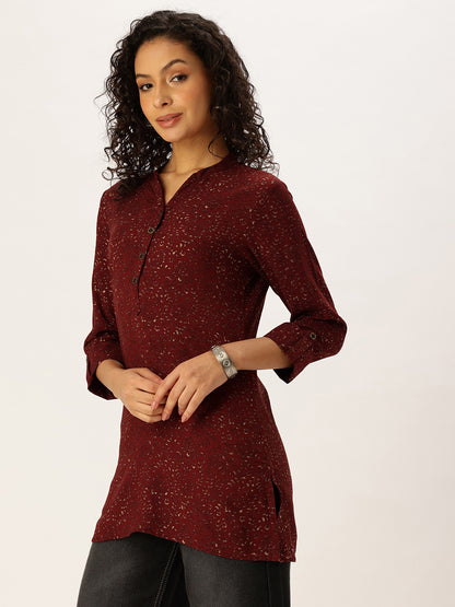 Red Mandarin Collar Printed Tunic