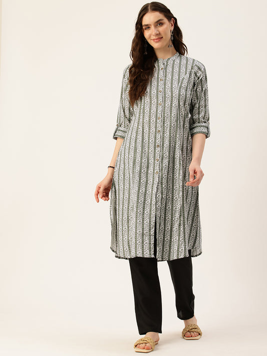 Olive Striped Printed Collar Kurta
