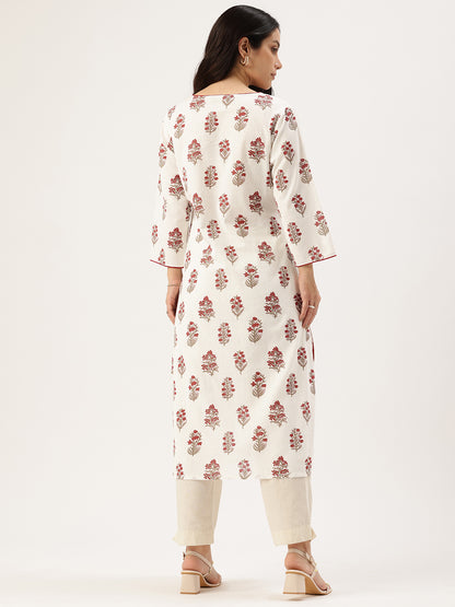 White Floral Printed Indie Pure Cotton Kurta