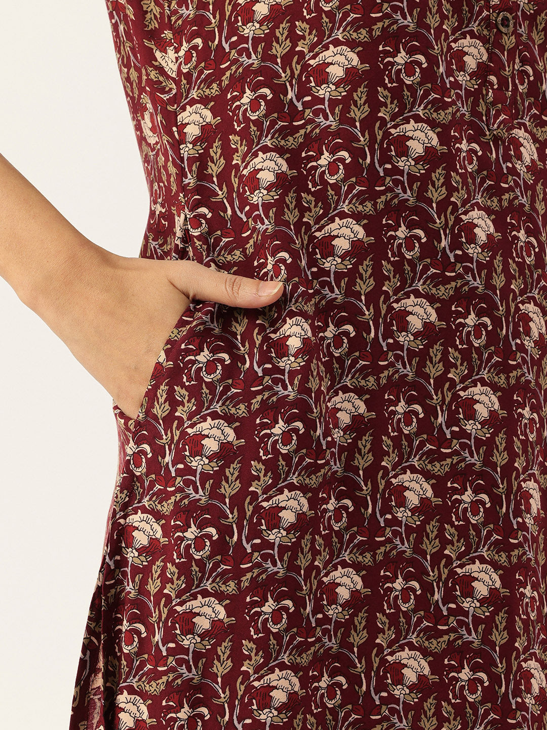 Rust Printed Mandarin Collar Roll-Up Sleeves Kurta