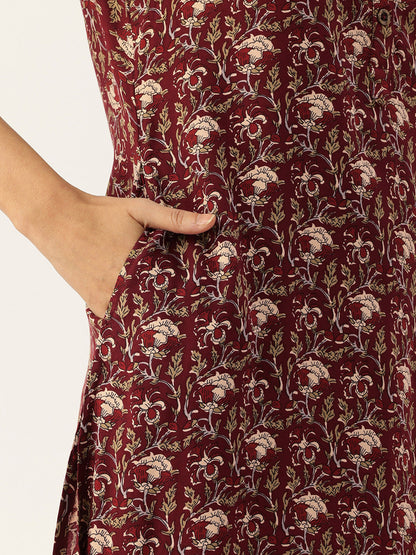 Rust Printed Mandarin Collar Roll-Up Sleeves Kurta