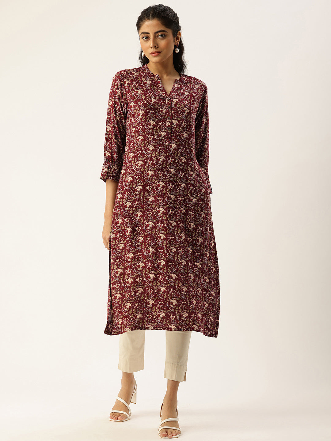Rust Printed Mandarin Collar Roll-Up Sleeves Kurta
