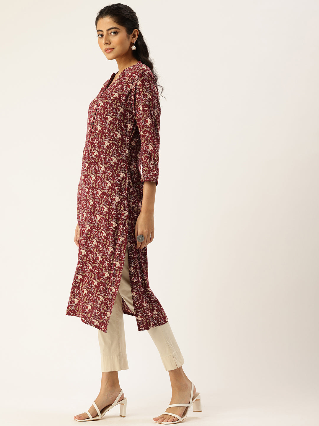 Rust Printed Mandarin Collar Roll-Up Sleeves Kurta