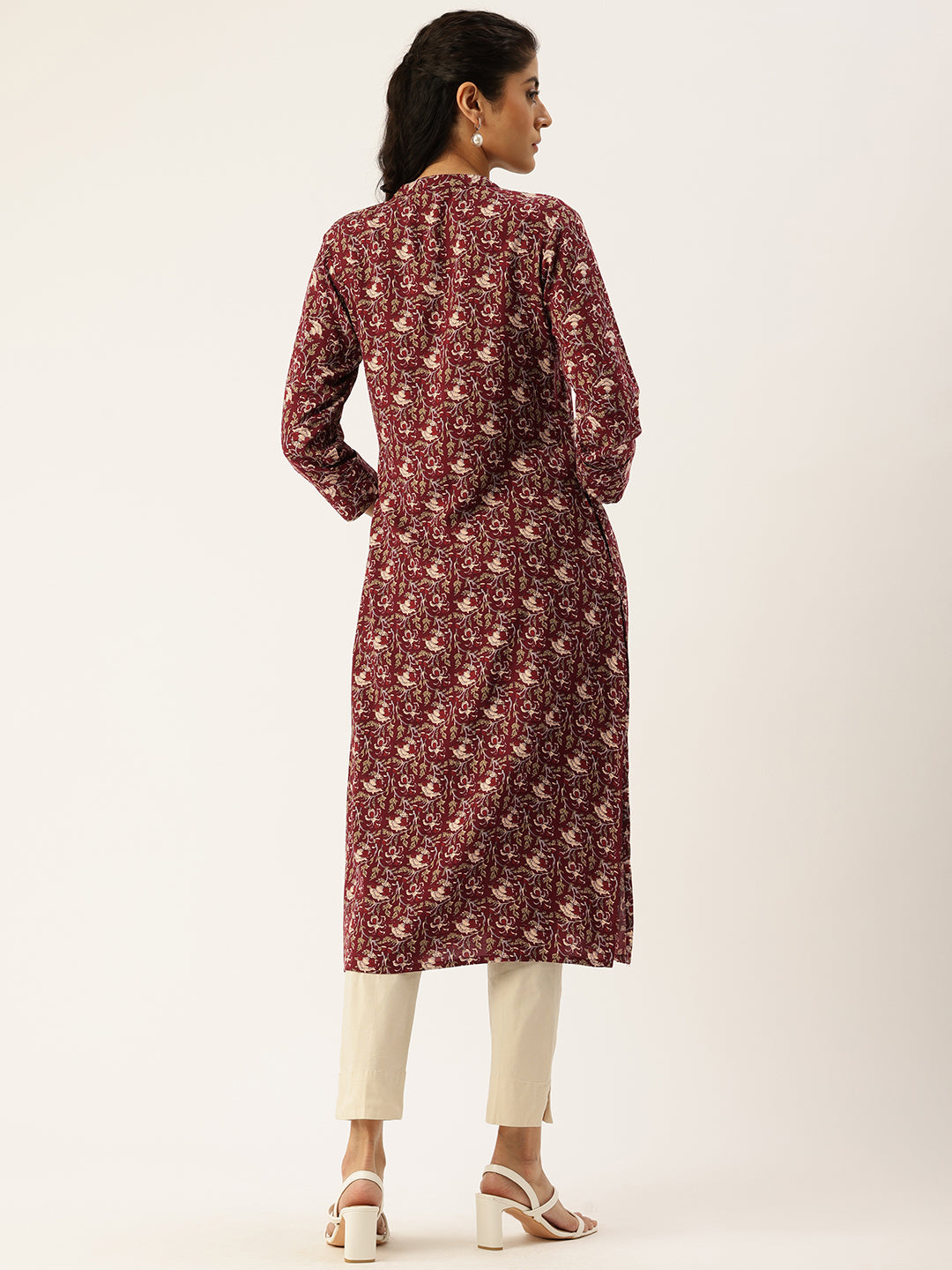 Rust Printed Mandarin Collar Roll-Up Sleeves Kurta