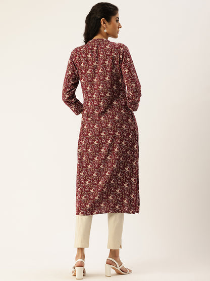 Rust Printed Mandarin Collar Roll-Up Sleeves Kurta