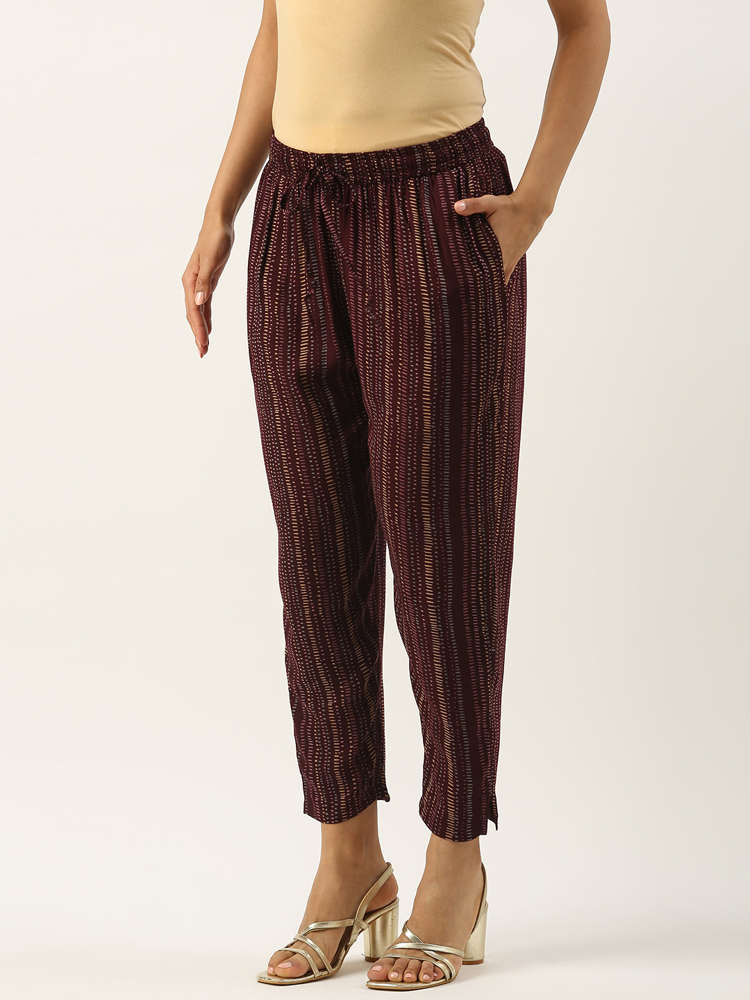 Wine Striped Printed Pencil Pant