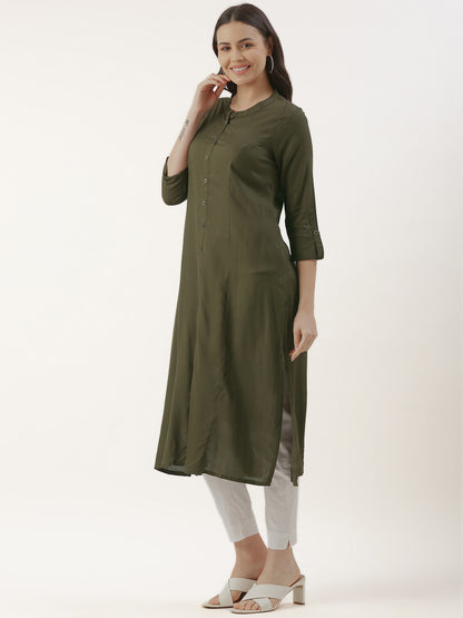 Olive Green Solid A-line Princess Cut Kurta